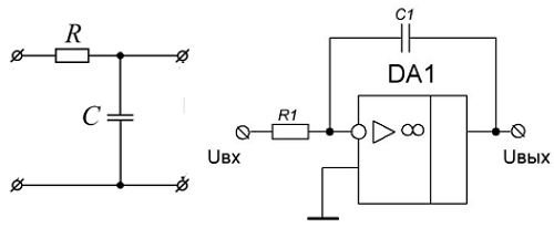 Схемы интеграторов: простой RC-интегратор и интегратор на основе ОУ